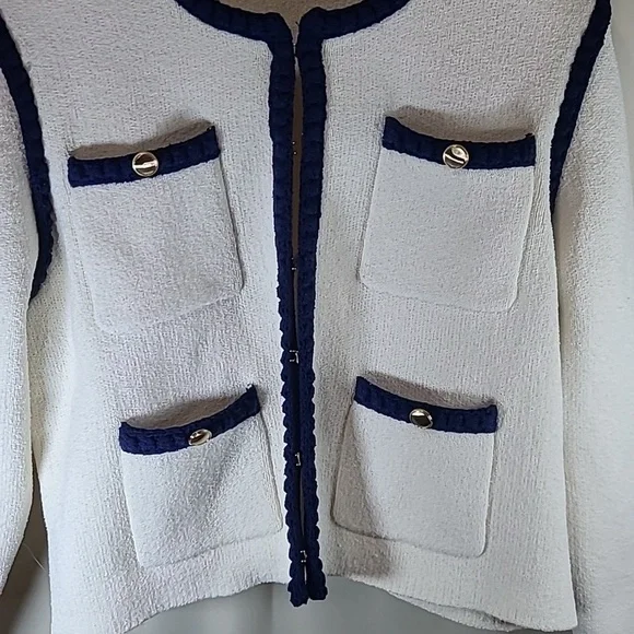 MAEVE by Anthropologie Collarless Tipped Knit Jacket in Beige and Blue - Picture 2 of 9